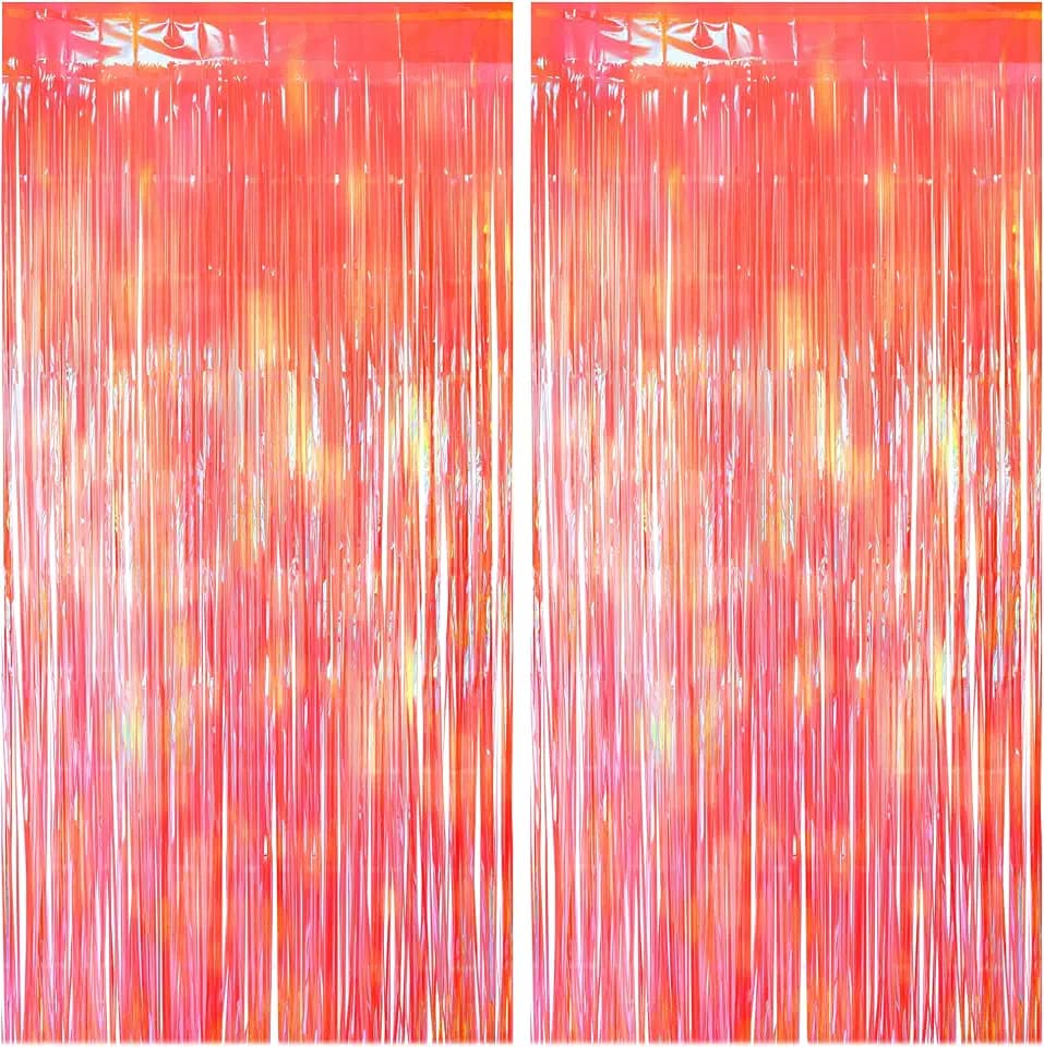 2 Pack Orange Party Streamers Backdrop Curtains, 3.3x8.2ft Holographic Tinsel Foil Curtain Photo Booth Props for Birthday, Wedding, Holiday Celebration, Bachelorette, Theme Decorations