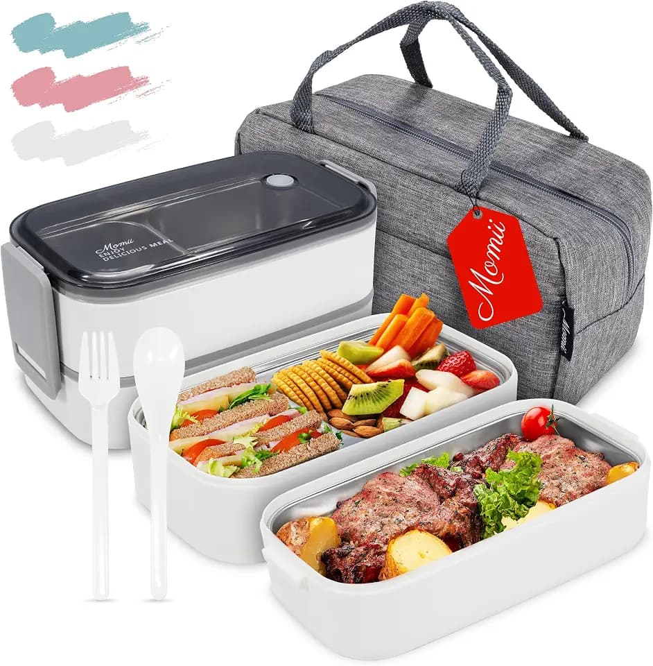 Premium Lunchbox für Erwachsene und Kinder inkl. Tragetasche und Besteck | Bentobox Edelstahl mit Fächern | Brotdose Kindergarten Lunchbox Bananenbox (Weiß)
