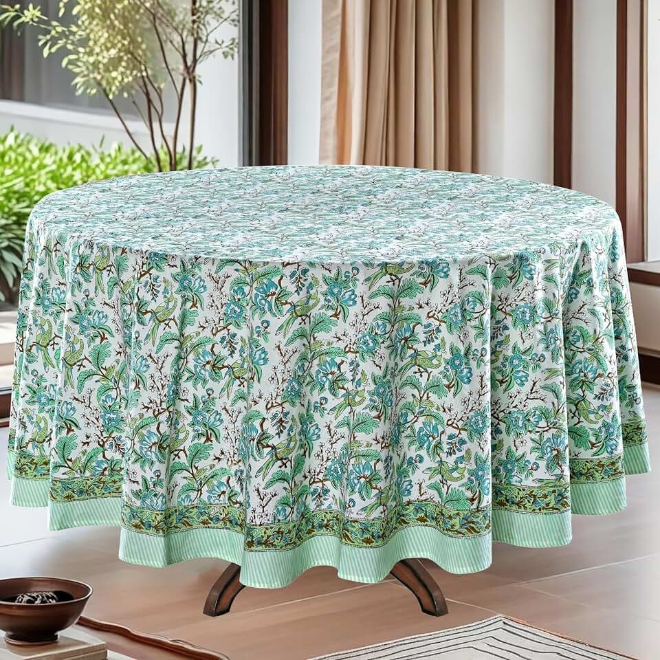 Ridhi Hand Block Print Round Tablecloth Sage & Russian Green 60 in Cotton