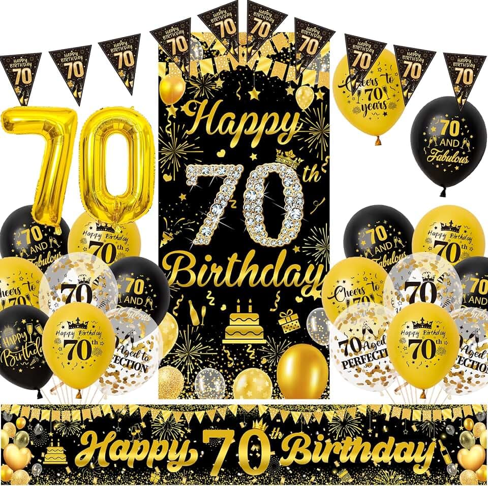 Xietaea Deko 70 Geburtstag Mann Frau - Schwarz Gold 70 Jahr Geburtstagsdeko Banner Luftballons und Wimpel, Stoff Hintergrund XXL Zahlen Ballons für 70 Geburtstagsfeier Dekoration