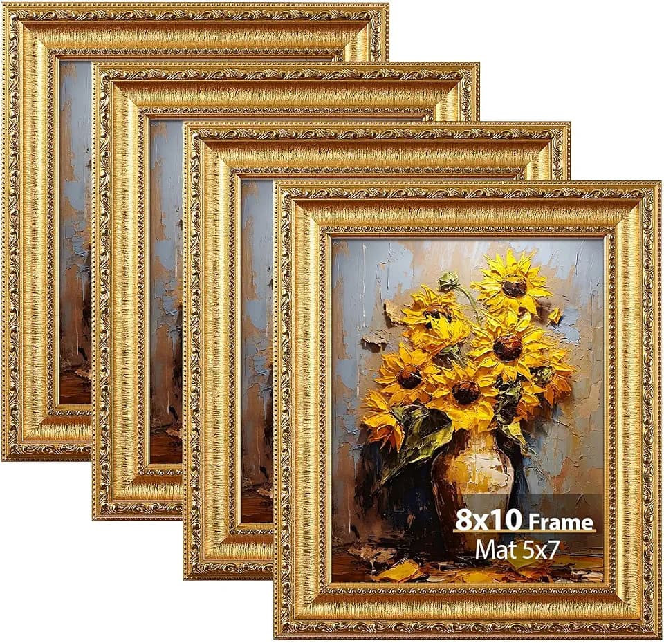 Splinterix 8x10 Picture Frames Gold Vintage, Set of 4, Matted to 5x7 Print