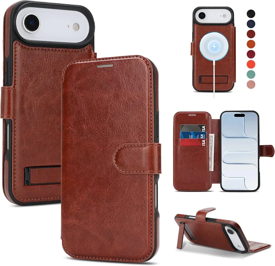 for iPhone Air Wallet Case with Stand,PU Leather Flip Credit Card Holder Slots (RFID Blocking),Compatible with Magsafe Magnetic Holder Phone Cover Women Men,Dark Brown