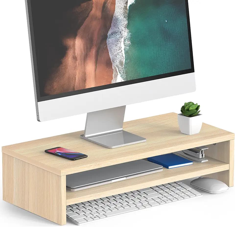 FITUEYES Wooden Monitor Stand Riser, 2-Tier Desk Storage Shelf, Oak