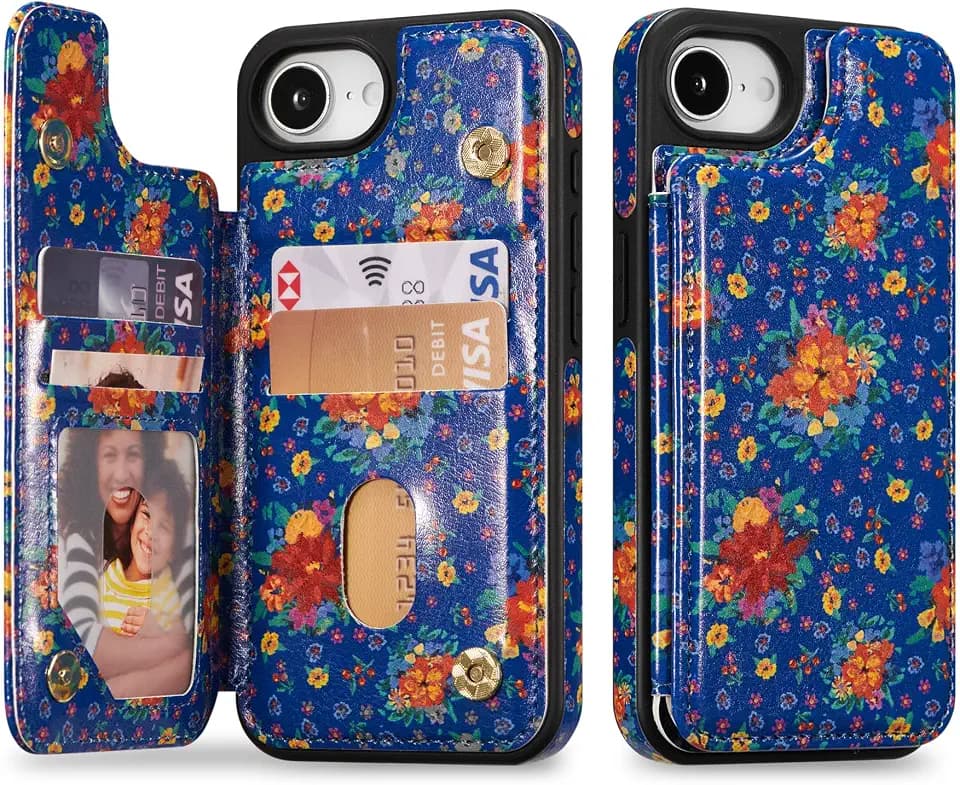 ZCDAYE Wallet Case with Card Holder for iPhone 17e/iPhone 16e, Blue Blossom