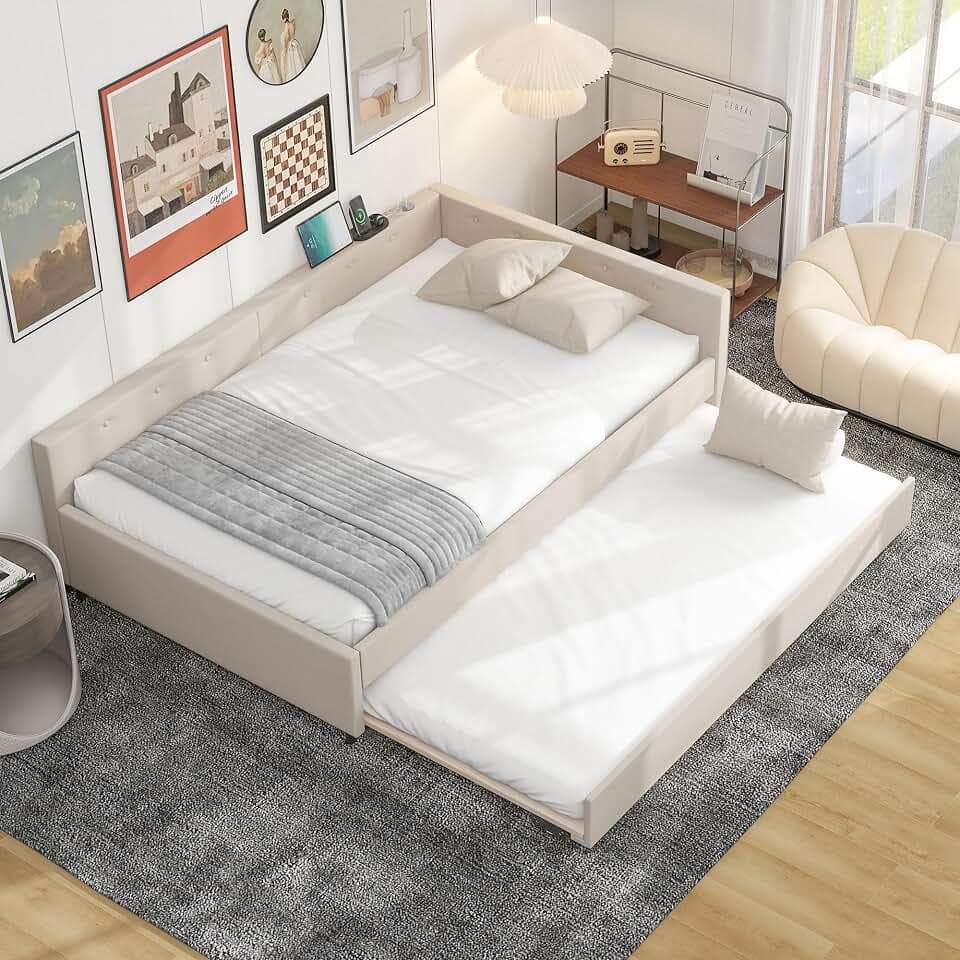 Full Size Upholstered Platform Bed with Linen Fabric, Twin Trundle, Built-in USB Ports, Sturdy Wood Frame, No Box Spring Required, Modern Bedroom Furniture, Beige, Space-Saving and Comfortable