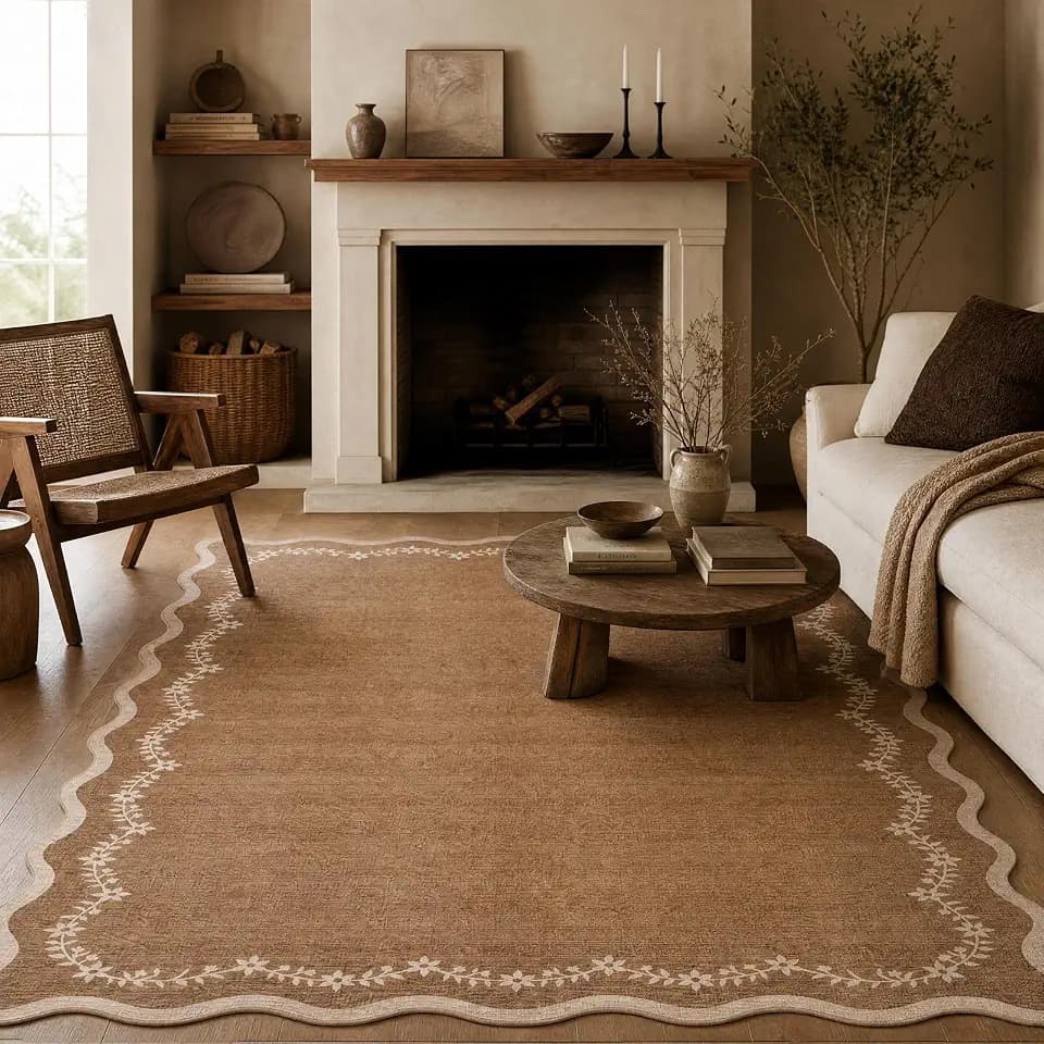 GarveeHome 5x7 Scalloped Area Rug Brown Washable Bedroom Living Room Rug