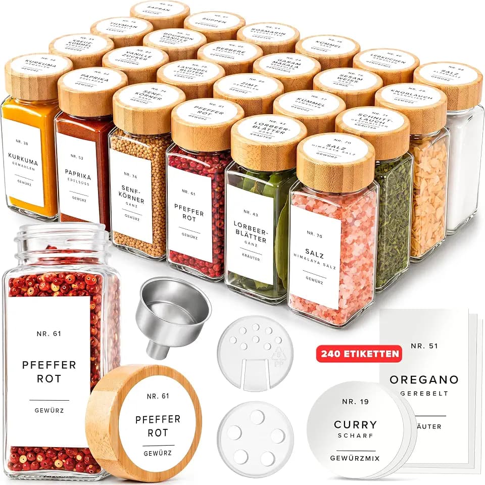 EDELHAUS Gewürzgläser Eckig Set 24x120ml mit Bambusdeckel, 240 Etiketten