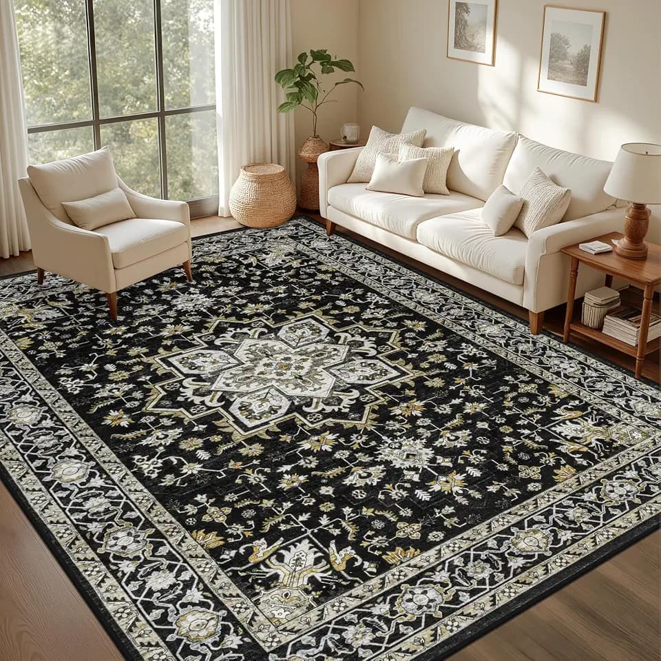 4x6 Area Rugs Living Room: Washable Rug for Bedroom Black Gold