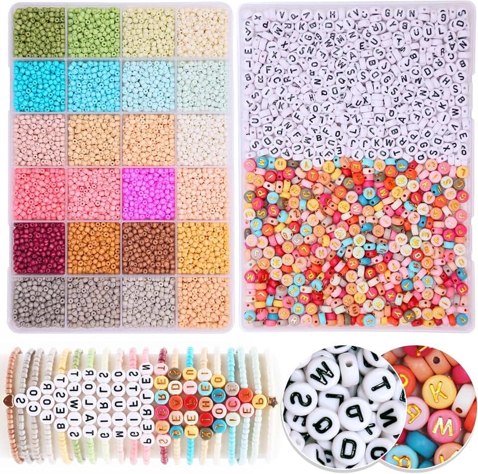 MiuCo 3mm Perlenset für Armbänder Selber Machen, 24Bunte Morandi Glasperlen zum Auffädeln und 4x7mm Buchstabenperlen mit Gummiband für Freundschaftsarmbänder Schmuckherstellung Halsketten Making Kit