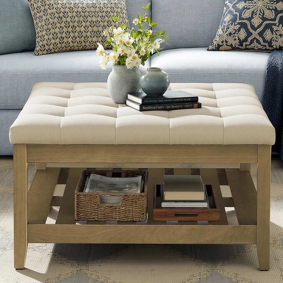 SONGMICS Round Coffee Table with Storage, Solid Wood Frame
