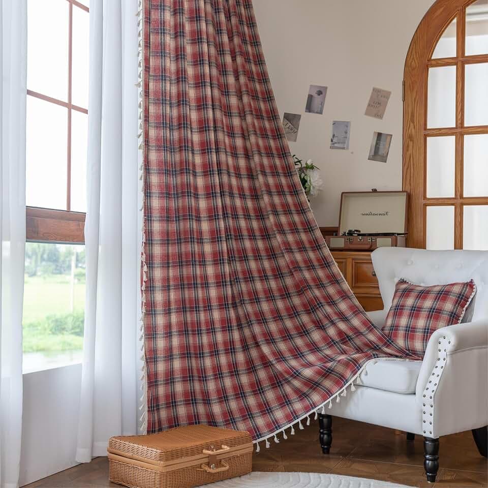 Red Plaid Curtains 72 Inch with Tassels Rod Pocket 2 Panels