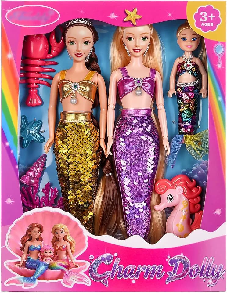 dollbie Mermaid Princess Dolls Playset - Set of 2 Large 11.5-inch Mermaid Dolls & 1 Small 5.5-inch Mermaid Doll with Reversible Sequin Tails, Tiara, Ocean Accessories