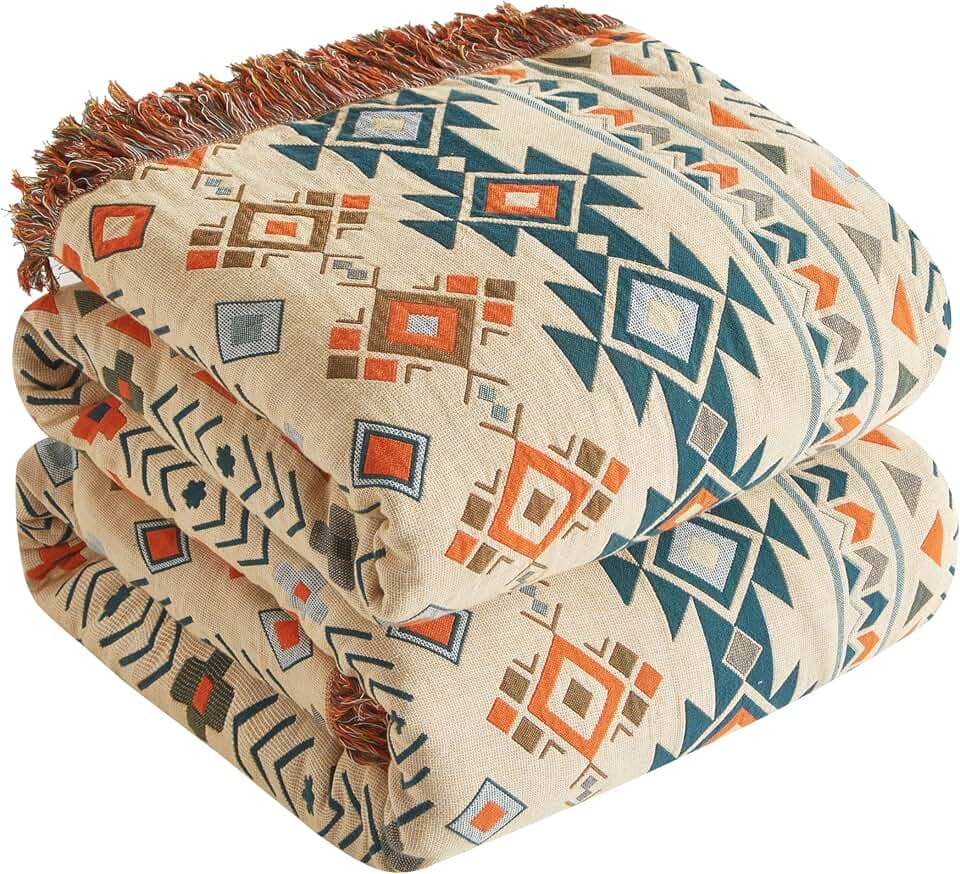 SE SOFTEXLY Boho Decke 100% Baumwolle – Große Doppelseitige Musselin Tagesdecke 200x230cm, Kuschelige Sofadecke & Bettüberwurf, Aesthetic Design, Ideal für Wohnzimmer & Schlafzimmer, Beige/Braun
