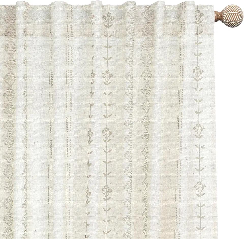 Linen Farmhouse Curtains for Living Room, Neutral Taupe Cream Light Filtering Boho Sheer Floral Patterned Curtains for Dining Room Bedroom 84 Inch Length 2 Panels Set