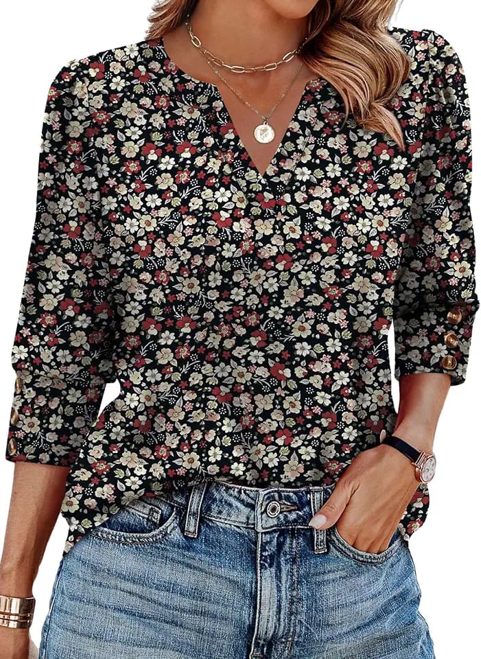 WIHOLL 3/4 Length Sleeve Womens Tops with Button Cuffs Dressy Casual V Neck Summer Outfits Early Fall Fashion Spring Clothes