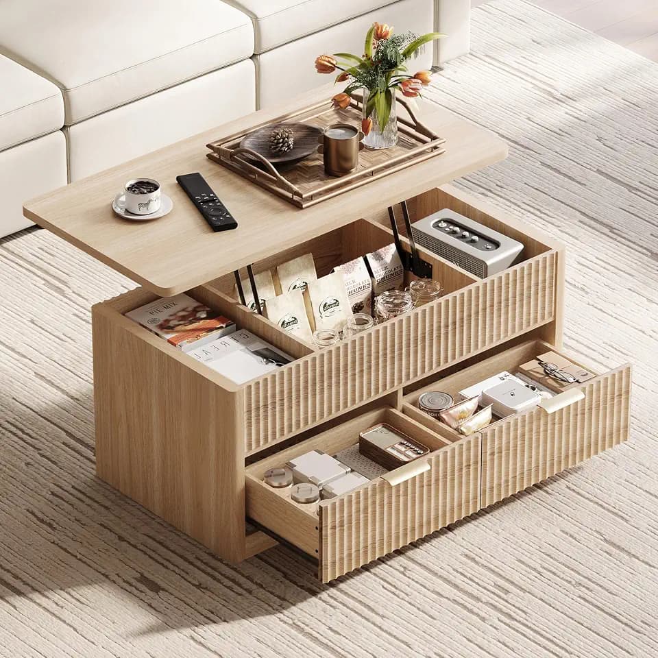 LINSY Home Lift Top Coffee Table with Hidden Storage, Adjustable Shelf, Oak | Modern Farmhouse Wood Coffee Table for Living Room with Metal Handles, Fluted Design