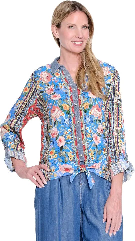 Printed Button Tie Front Top with Front Pockets Back Embroidered and Roll Tab Sleeves