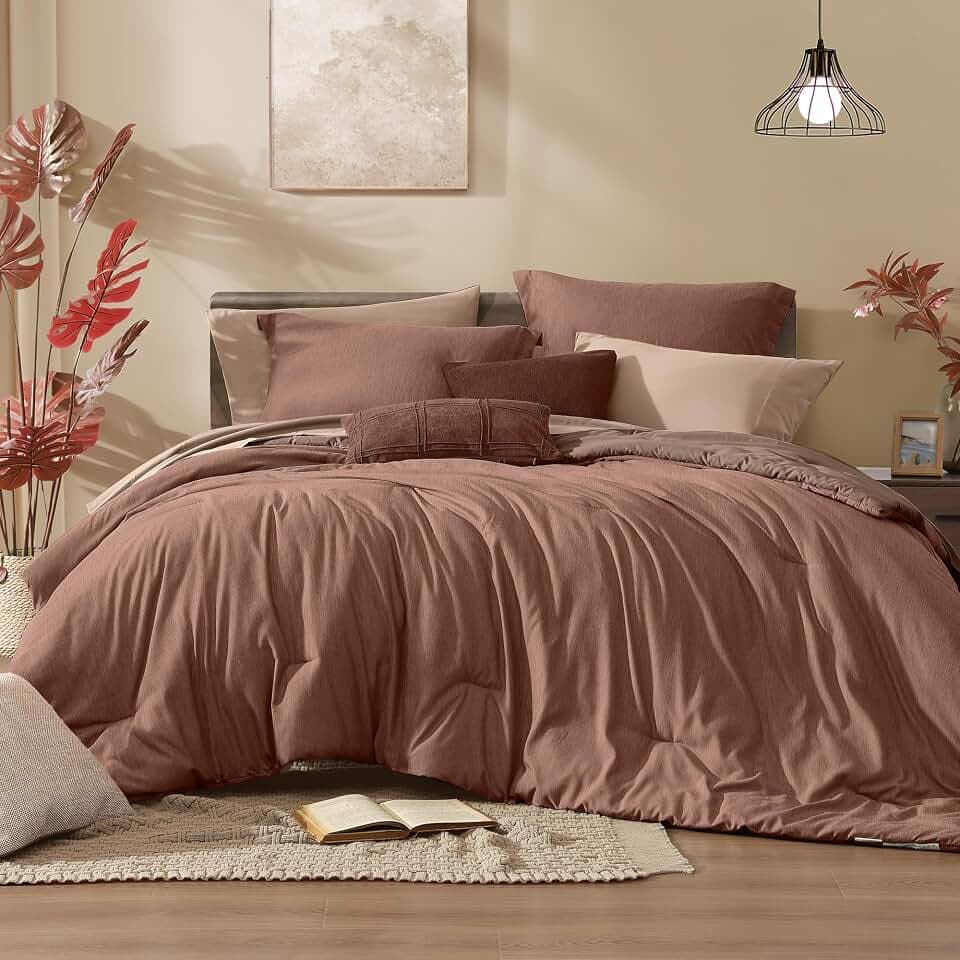 Monbix Queen Comforter Set 7 Pieces Terracotta Cationic Dyeing Bed in a Bag