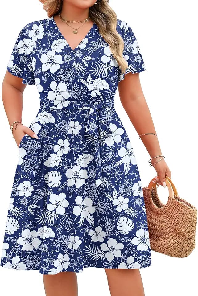IN'VOLAND Women's Plus Size V Neck Knee Length Dress Casual Floral Dresses Summer Short Sleeve Sundress with Pockets