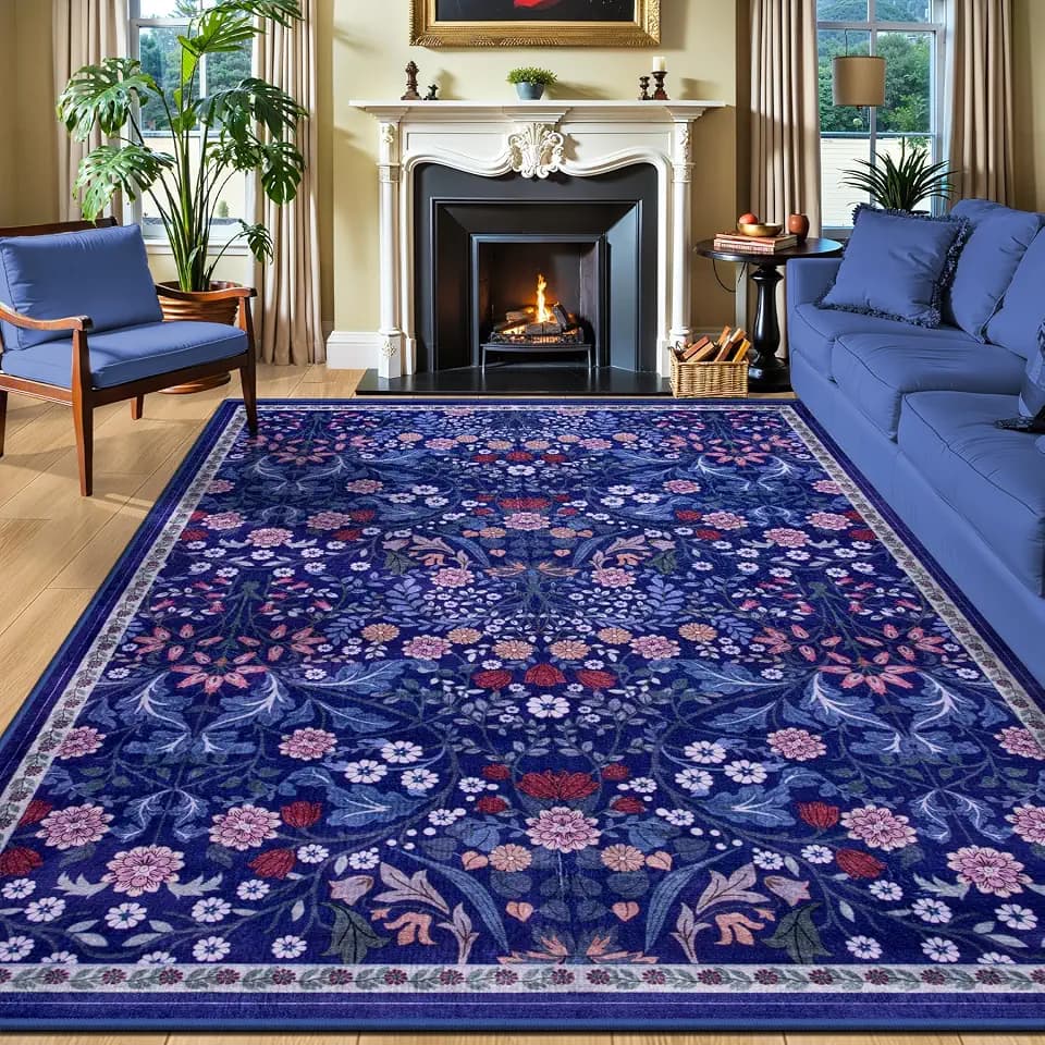 PLHXFR 8x10 Area Rug Living Room: Floral Washable Boho Soft Carpet Blue