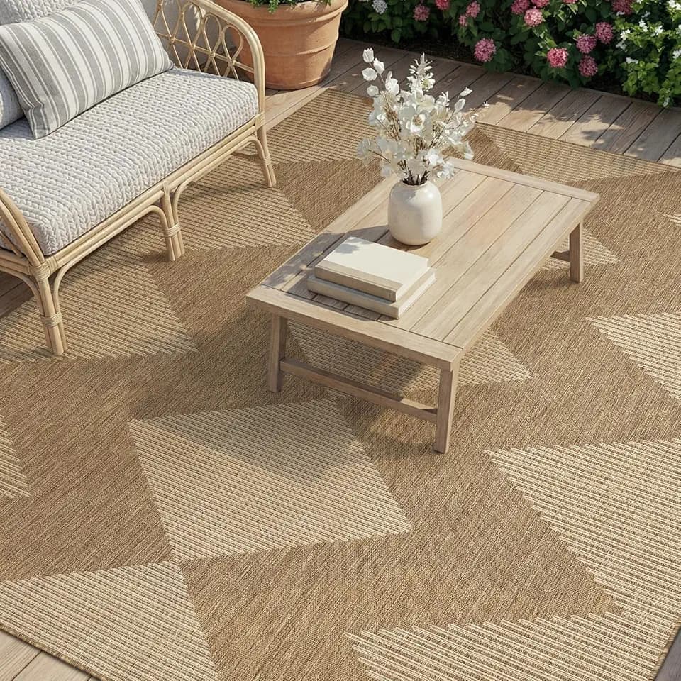 MontVoo-Outdoor Rug Carpet Patio Rug 6x9 ft Polypropylene Indoor Outdoor Rugs for Patio Deck Balcony Porch, Textured Weave, Durable for High Traffic, Fade-Resistant, Boho Geometric Neutral Brown