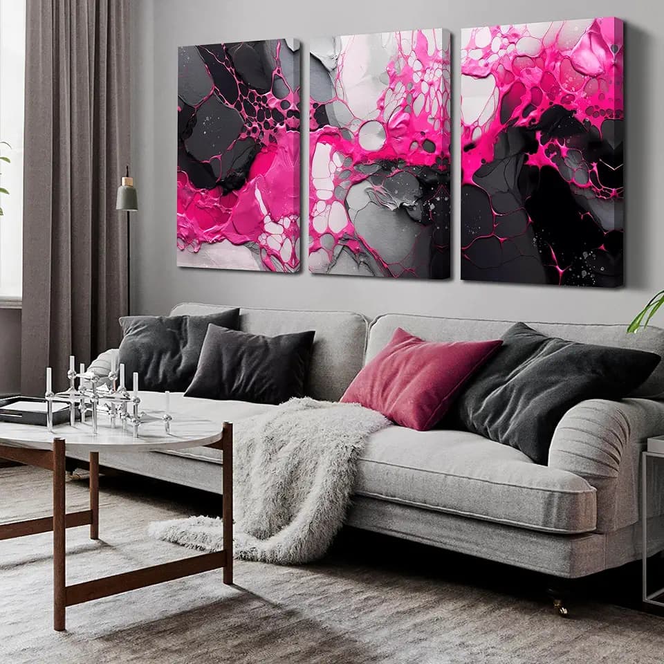 Black and Pink Abstract Wall Art for Office - Modern Art Wall Decor Living Room - Large 3 Piece Canvas Wall Art for Bedroom Size 24" x 36"