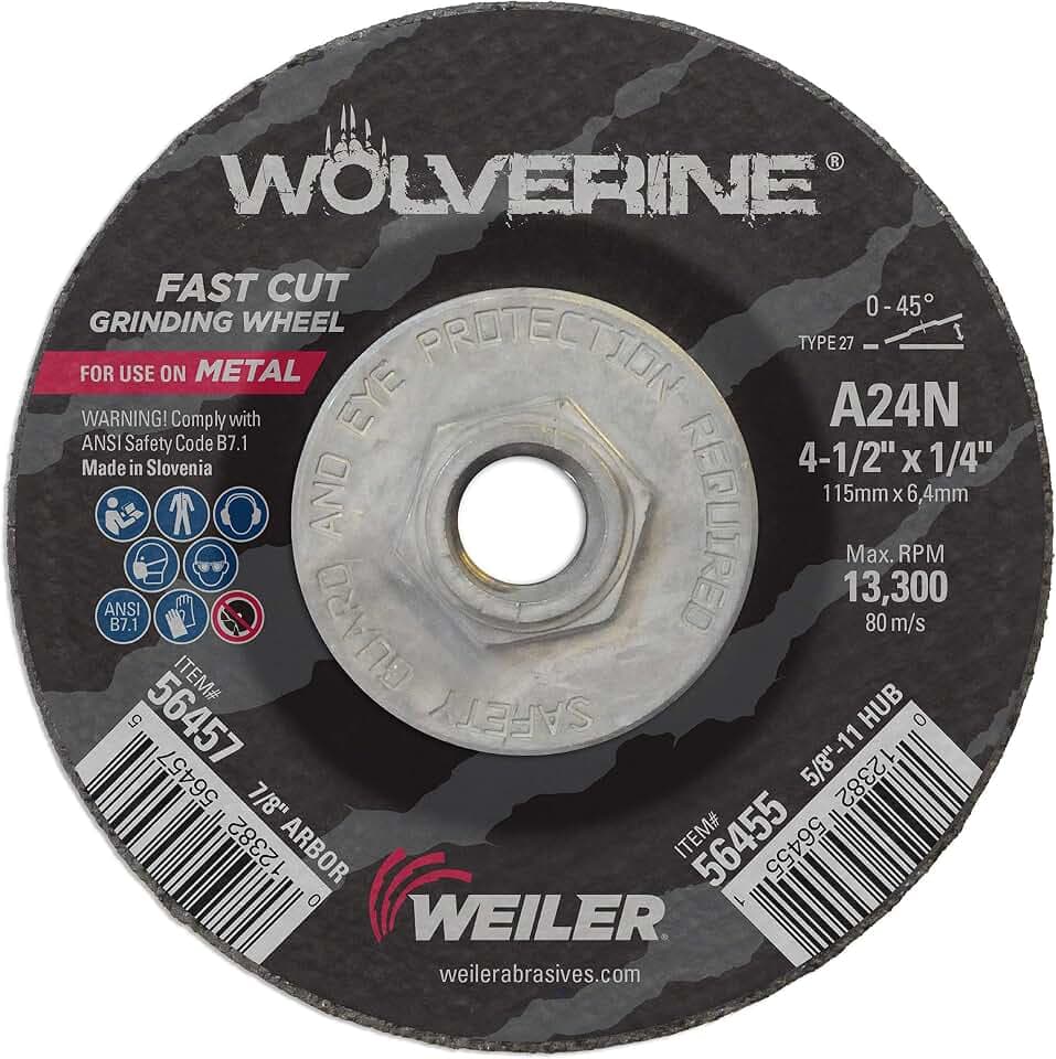 Weiler 56455 4-1/2" X 1/4" Wolverine Type 27 Grinding Wheel, A24N, 5/8"-11 Nut (pack of 1)