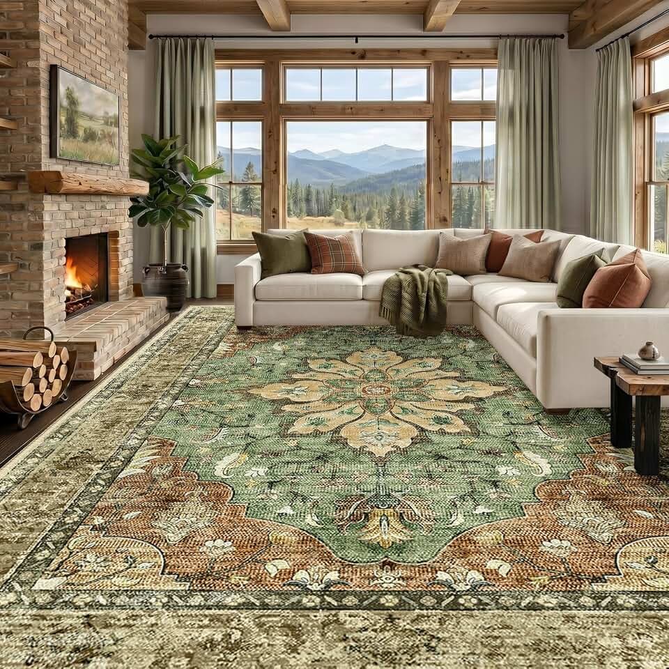 RELEANY Washable Area Rug, Large 9'x12', Brick/Brown/Green