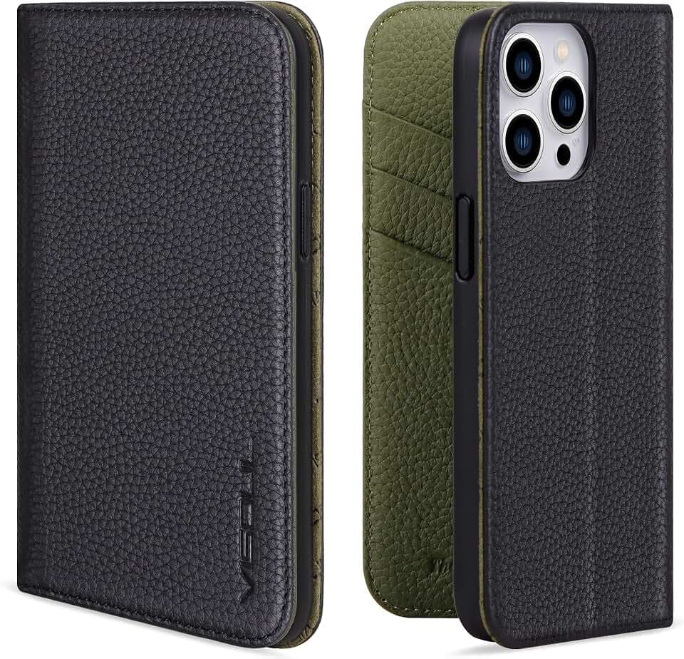 VISOUL iPhone 12 Hülle, Handyhülle iPhone 12 Pro [100% Echtleder] [4 Kartenfächer] [Verdichtes TPU] [Magnet] [Stand], RFID Stoßfeste Schutzhülle Kompatibel für iPhone 12/12 Pro 5G 2020 (6,1) Grün