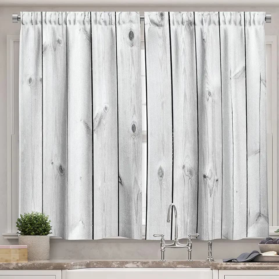 Lunarable Rustic Kitchen Curtains, Greyscale Wooden Boards Design Weathered Grunge Backdrop Effect Antique Pattern, Window Drapes 2 Panel Set for Kitchen Cafe Decor, 55" X 39", Black Grey