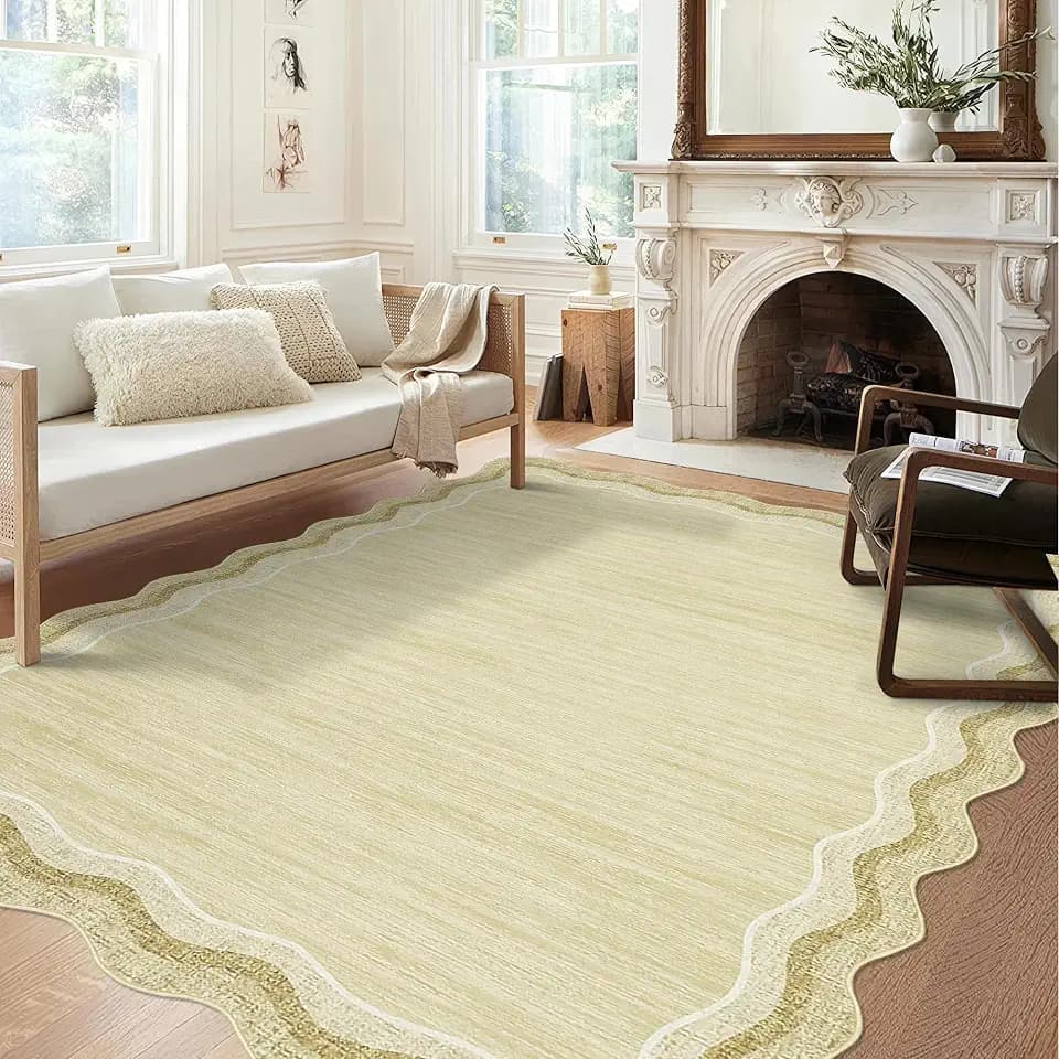 5x7 Area Rug Living Room Rug, Washable Scalloped Soft Thin Rugs Indoor Non Slip Floor Carpet Low Pile Non-Shedding Irregular Accent Carpet for Bedroom Dining Room Office Nursery Dorm Beige