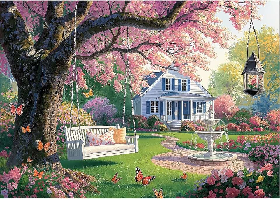 Garden Swing Puzzles 1000 Pieces for Adults, Spring Blossom Scene
