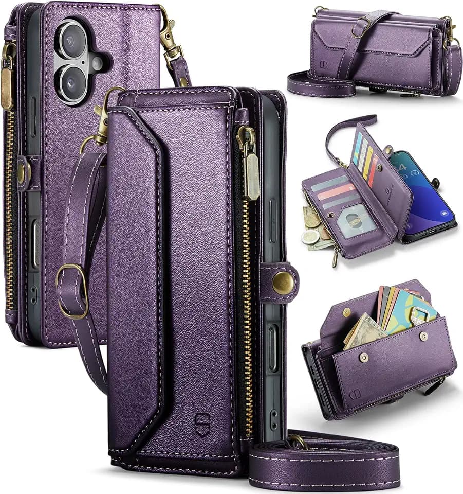 Strapurs for iPhone 16 Plus - Zipper Strap Wallet Case for Women, Purple