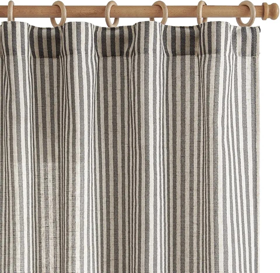 jinchan Linen Curtains 63 Inch Black Stripe on Beige Back Tab 2 Panels