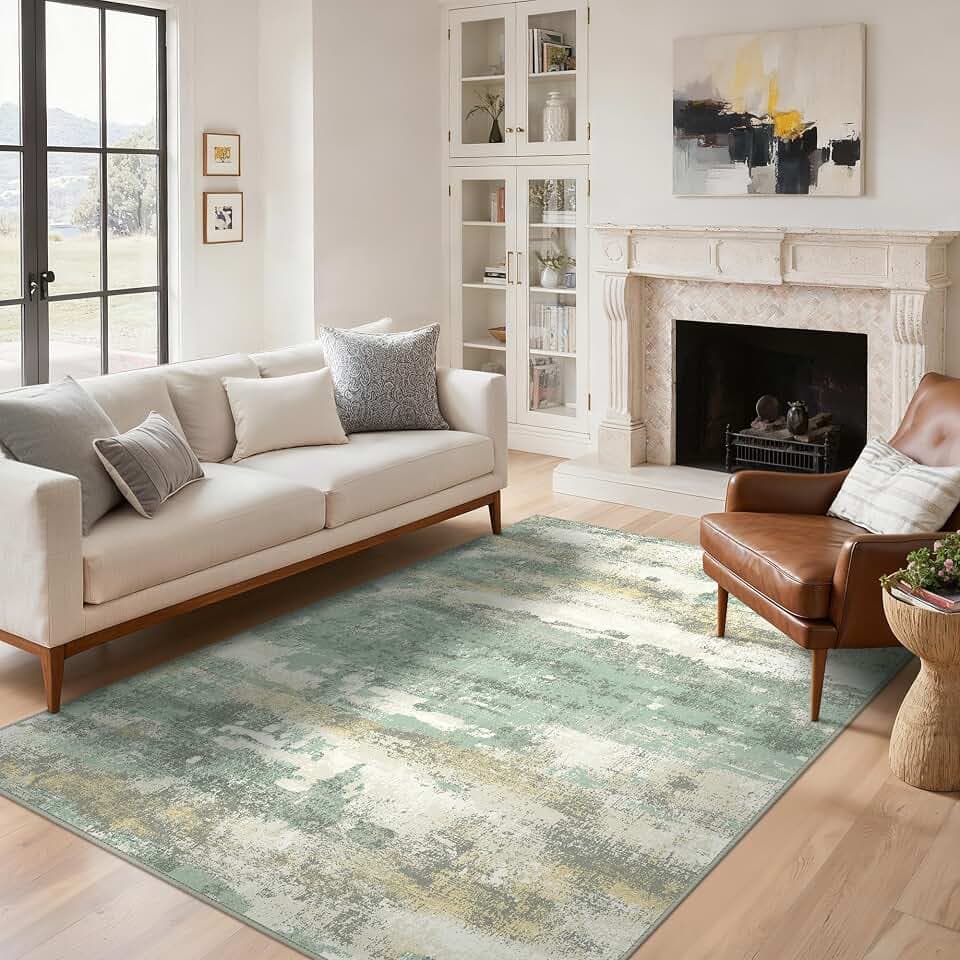 BEIMO Moderner Waschbarer Teppich Wohnzimmer 120x170 cm, Grün | Abstrakt Design, Großer Weicher Kurzflor Carpet, Rutschfest, Für Küche und Bettvorleger Schlafzimmer, Pflegeleicht