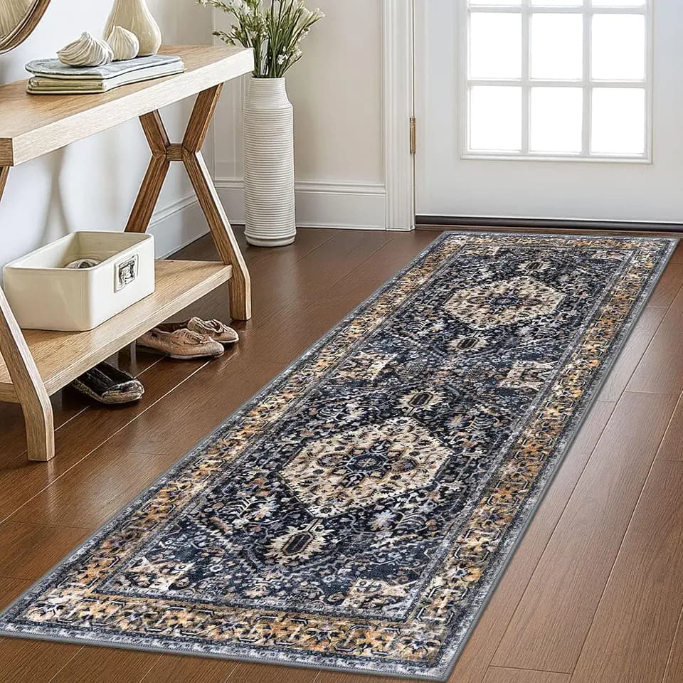 KOZYFLY Runners for Hallways 2x6 Ft Washable Kitchen Runner Rug Boho Runner Rug for Entryway Indoor Gold/Orange/Navy Printed Oriental Faux Wool Floor Carpet Runner for Bedroom