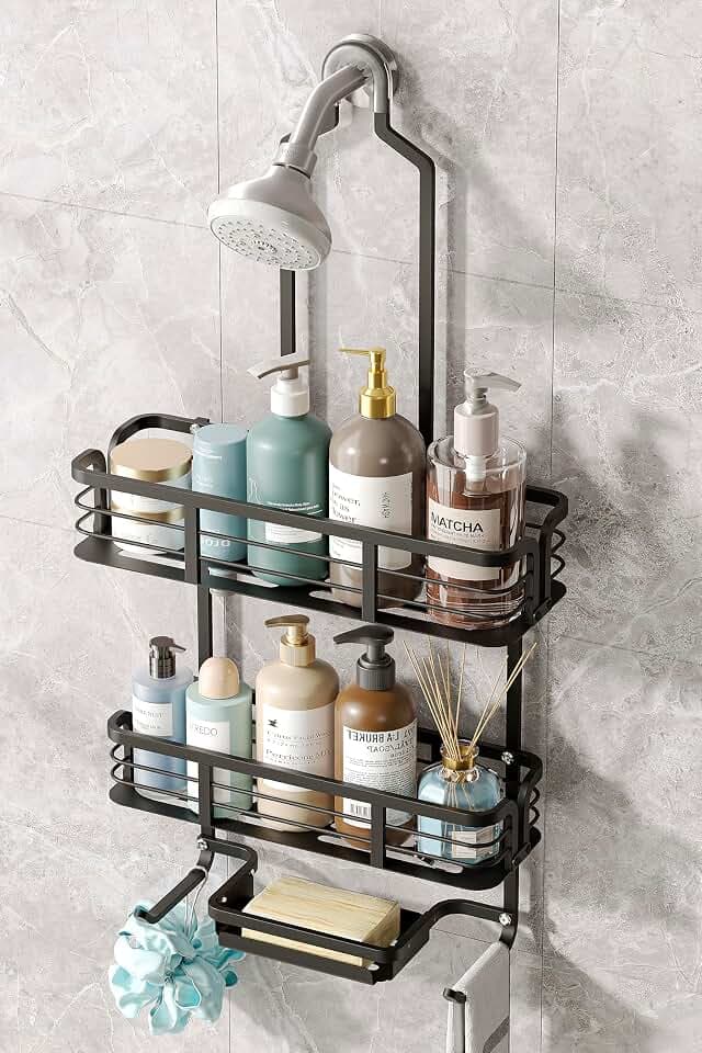Shower Caddy Hanging, Never Rust Aluminum Shower Organizer, Over Showerhead No Drilling Shower Racks, with Soap Holder Multi Hooks Bathroom Storage for Shampoo Sponge, Black