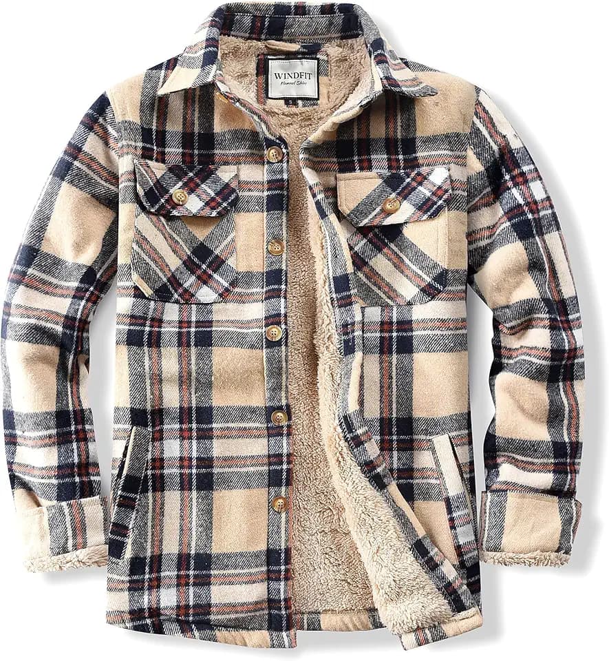 WINDFIT Men's Cotton Sherpa Button Down Flannel Shirt Jacket Plaid Shirt