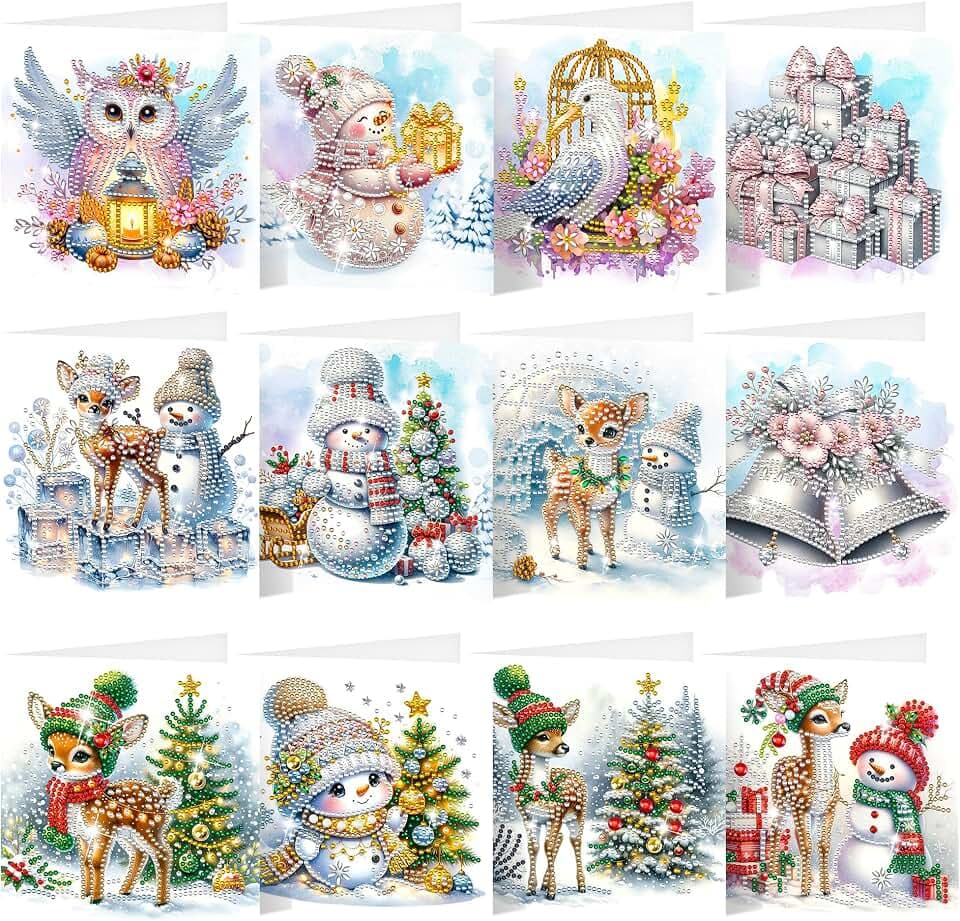 SHEPIN 12 Stück Diamond Painting Weihnachtskarten, 5D Diamant Painting Weihnachten Karten mit Umschlag, Handgemachtes Diamant Malerei Grußkarten Weihnachten Geschenk für Freunde und Familie