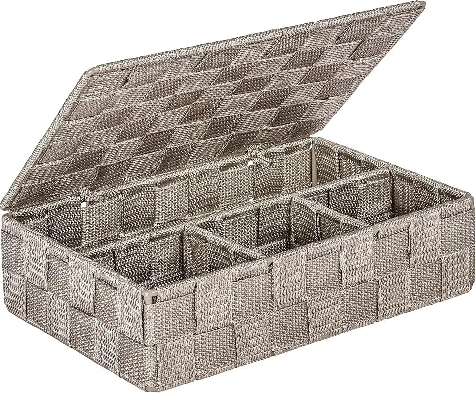WENKO Badorganizer Mod. Adria klein Aufbewahrungsbox für Bad und Haushalt in Taupe mit Deckel aus Kunststoff-Geflecht Maße 26 x 7,5 x 17 cm
