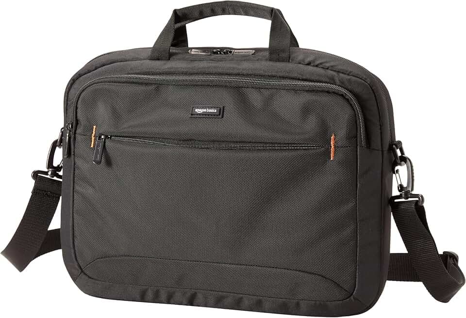 Amazon Basics Laptoptasche, Kompakte Umhängetasche mit Zubehörfächern, für Laptops bis zu 15,6 Zoll (39,6cm), Schwarz, 1 Stück