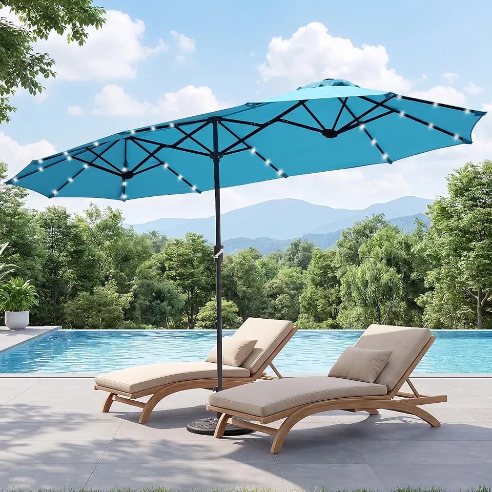 REE SOLDIER 13ft Double Sided Patio Umbrella with Solar Lights (Turquoise)