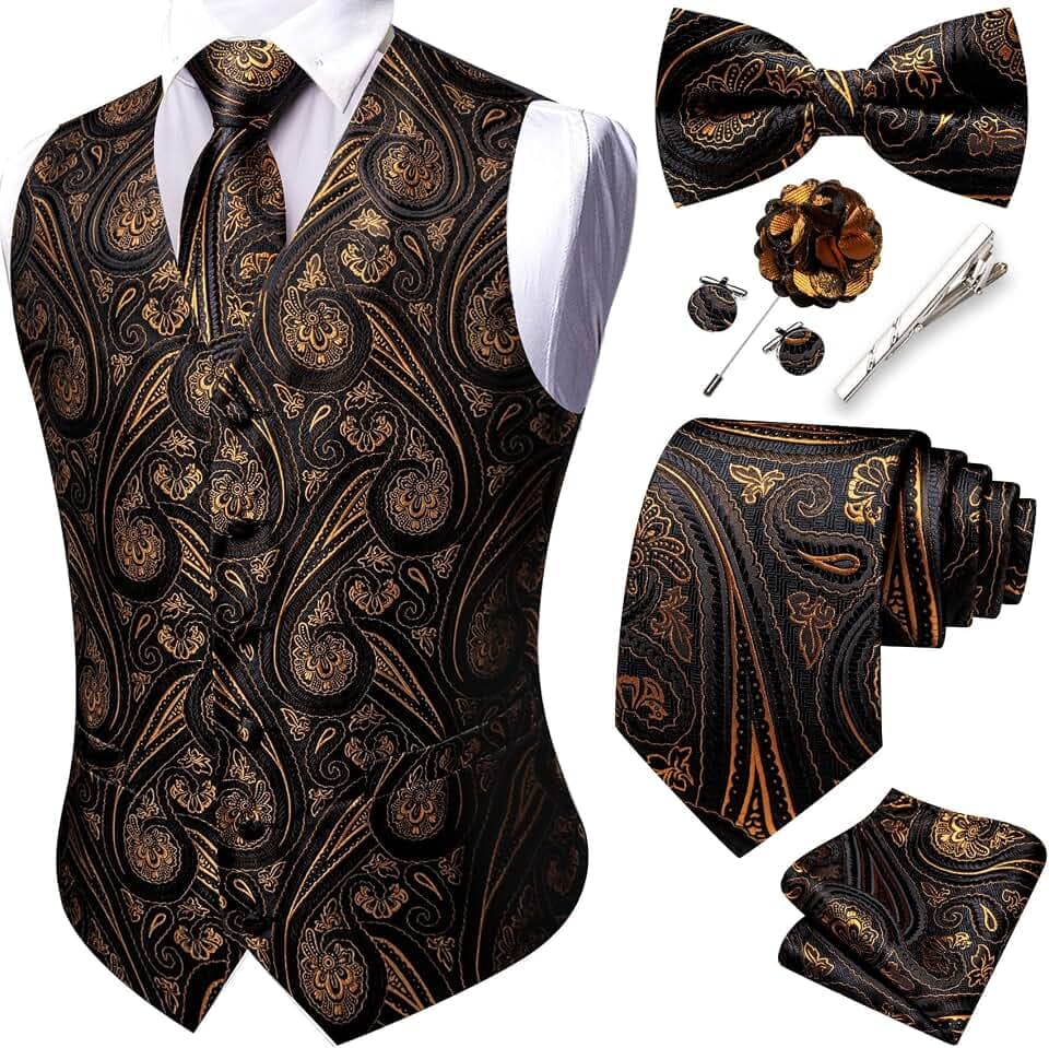 Barry.Wang Herren-Paisley-Weste, formelle Anzugwesten, Krawatte, Fliege, Set, Jacquard-Clip, Einstecktuch, Manschettenknöpfe, Anstecknadel, Hochzeit, 8 Stück