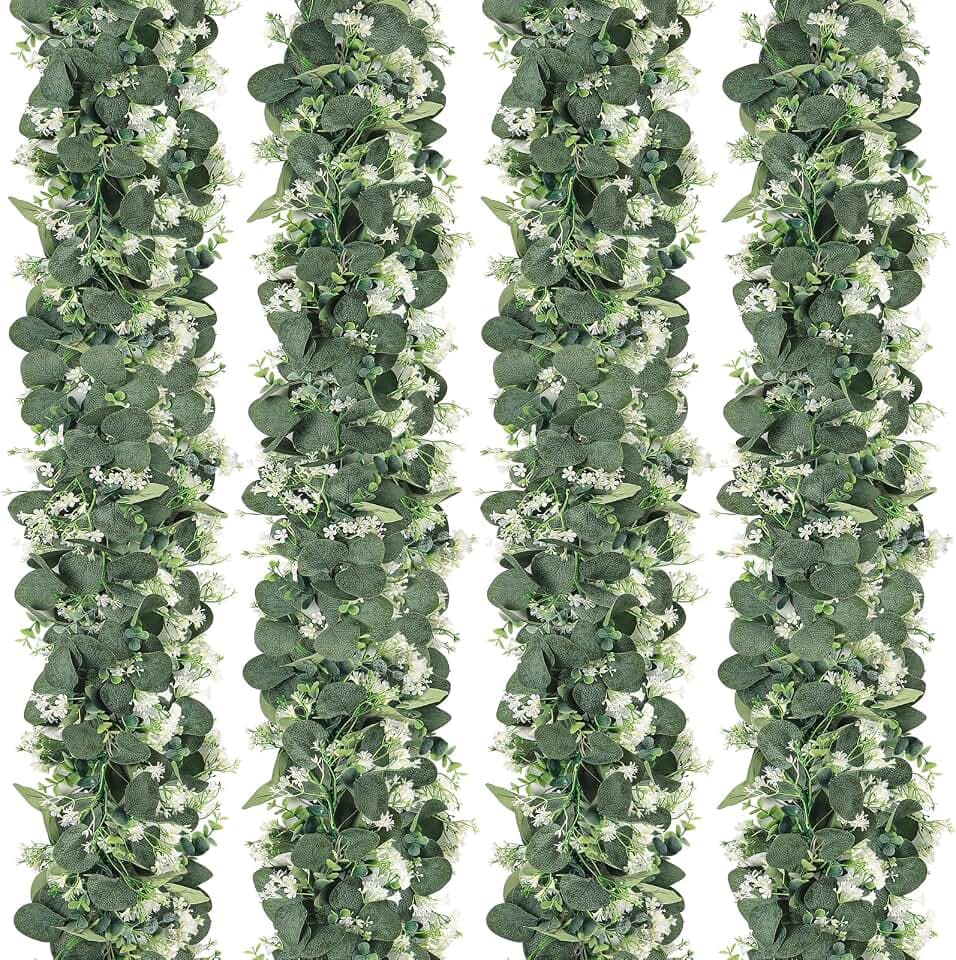 4 Stück Girlande Eukalyptus Künstlich mit Weiße Blumen Silberdollar Girlande grün Künstliche Pflanze Hängepflanze Tischläufer Eukalyptus für Hintergrund Hochzeit Dekoration Tischdekoration