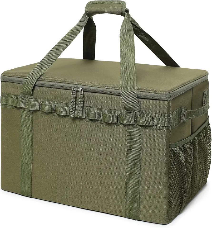 Tactical Camping Storage Bag 46L Structured and Foldable Tote Bag Camp Kitchen and Trunk Organizer (Army Green)
