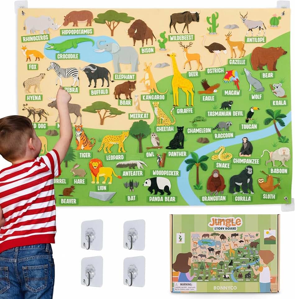 BONNYCO Filztafel Kinder, 116 Dschungeltiere-Figuren, Montessori Spielzeug