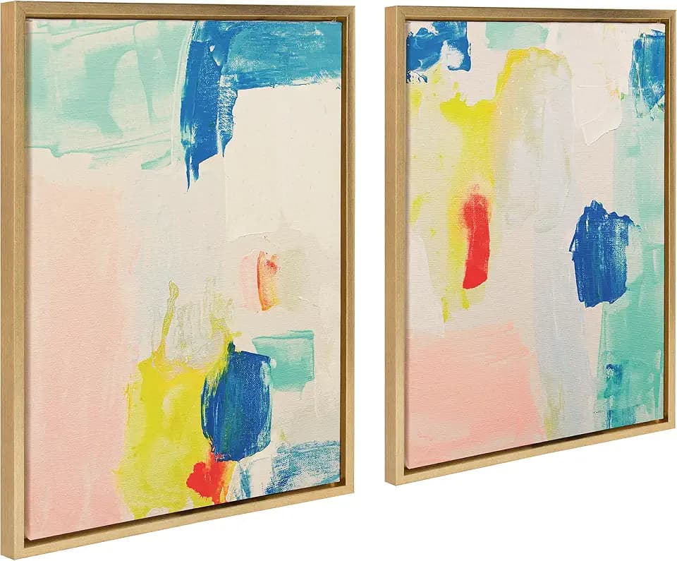 Kate and Laurel Sylvie Pop of Color I and II Framed Canvas Wall Art Set by Amy Lighthall; 2 Piece Set 18x24 Gold; Modern Abstract Painted Brushstrokes Art for Wall
