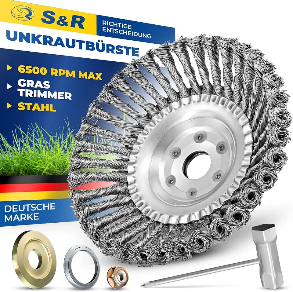 S&R Unkrautbürste, Stahlbürste 200 mm x 25,4 mm, Set 5-tlg mit Zubehör