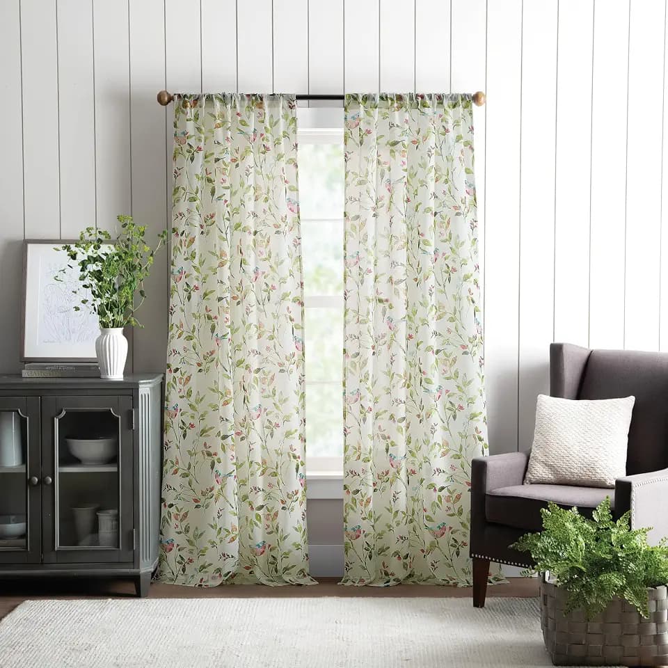 Martha Stewart Sheer Curtains Floral Botanical Kensington Flower Garden Rod Pocket Window Curtain Panel Pair, 84", Multi Pink