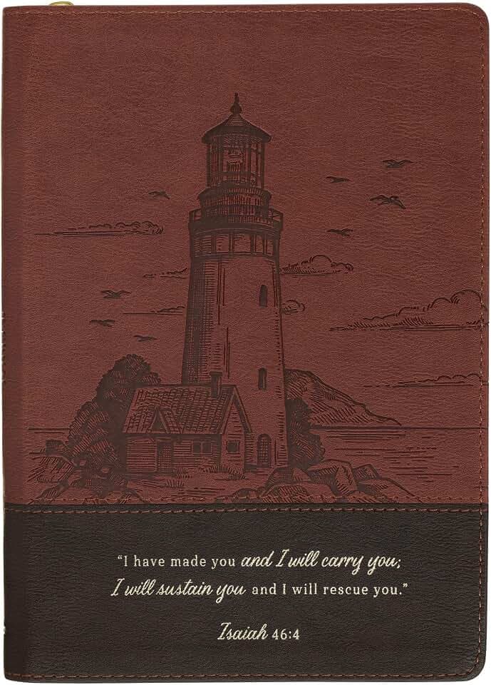 Christian Art Gifts Inspirational Zippered Journal, I Will Carry You Wide Ruled Notebook, Isa. 46:4 Bible Verse, Brown Vegan Leather Lighthouse, 336 Lined Pages w/scripture, (9” x 6.4” x .9”)